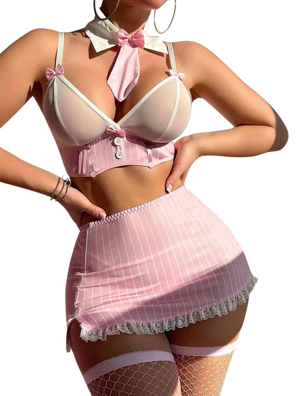 3550 Sexy Mesh Bra Trimmed Skirt Teacher Outfit Costume Lingerie Five-piece